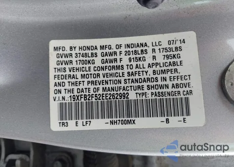 2014 Honda Civic Lx z USA, uszkodzony, nr VIN 19XFB2F52EE262992